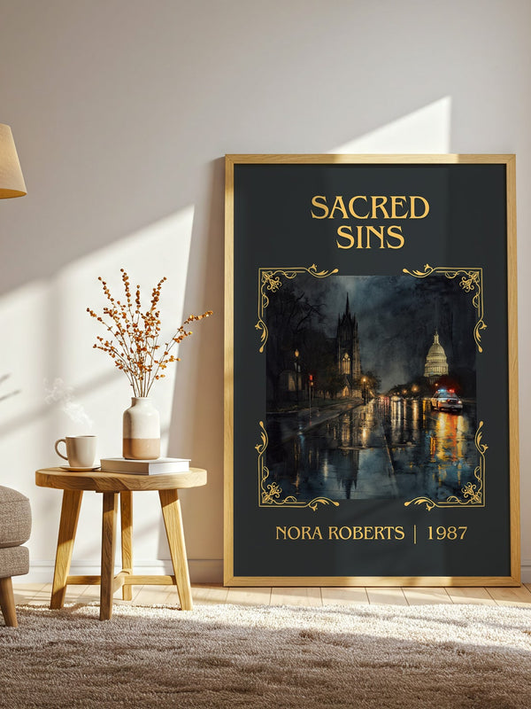 Sacred Sins classic book art print in frame leaning in hallway – thriller wall art