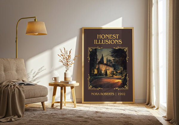 Honest Illusions classic book art print in frame leaning in hallway – romance wall art
