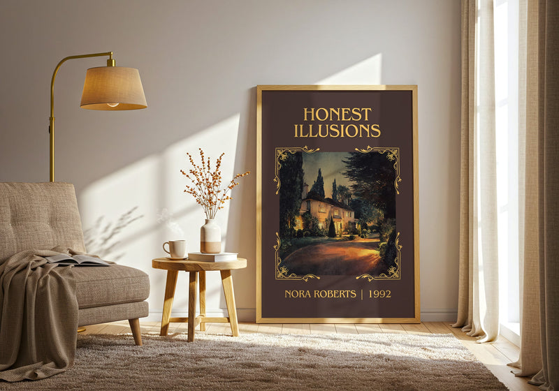 Honest Illusions classic book art print in frame leaning in hallway – romance wall art