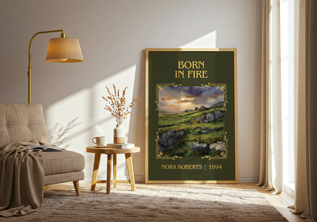 Born in Fire classic book art print in frame leaning in hallway – romance wall art (mockup)