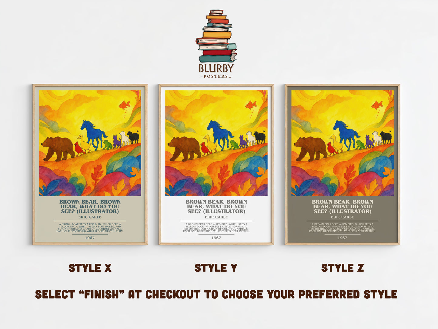 Brown Bear, Brown Bear, What Do You See? (Illustrator) bookish print in frame leaning in hallway – childrens wall art
