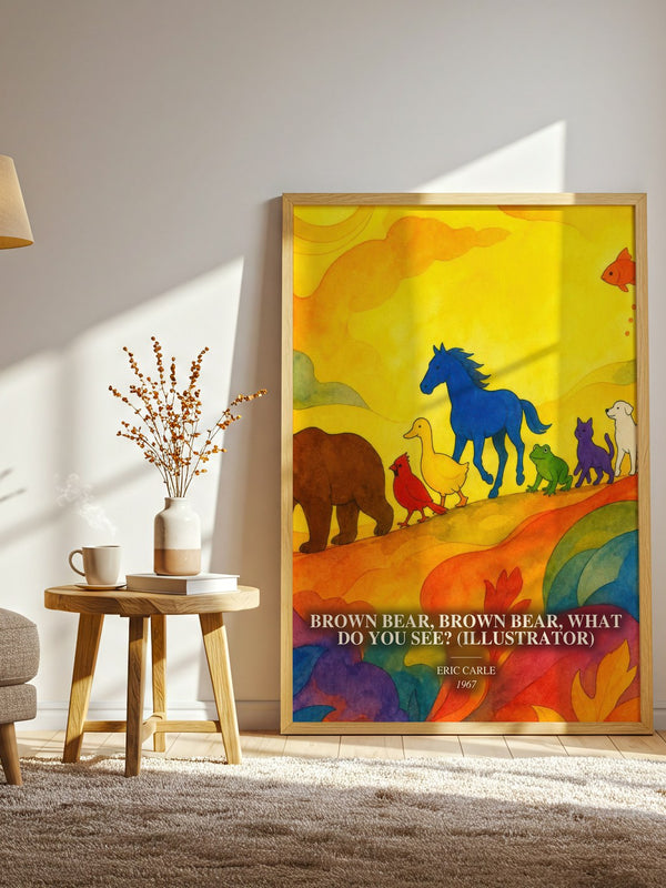 Brown Bear, Brown Bear, What Do You See? (Illustrator) watercolour print in frame leaning in hallway – childrens wall art