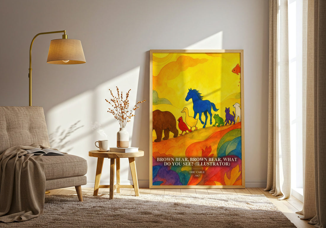 Brown Bear, Brown Bear, What Do You See? (Illustrator) watercolour print in frame leaning in hallway – childrens wall art (mockup)
