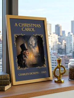 A Christmas Carol Classic Book Art Print by Charles Dickens – framed print on a city-view windowsill