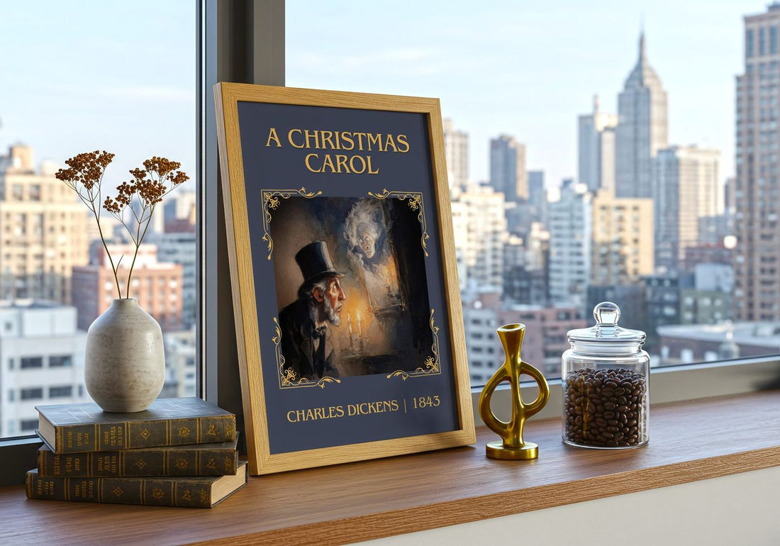 A Christmas Carol Classic Book Art Print by Charles Dickens – framed print on a city-view windowsill