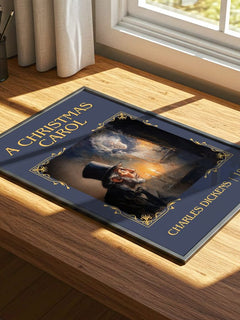 A Christmas Carol Classic Book Art Print by Charles Dickens – print on a sunlit desk
