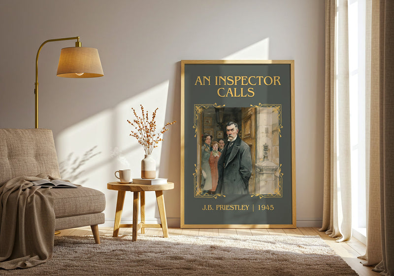 An Inspector Calls classic book art print in frame leaning in hallway – classic literature wall art