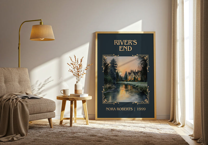 River's End classic book art print in frame leaning in hallway – thriller wall art