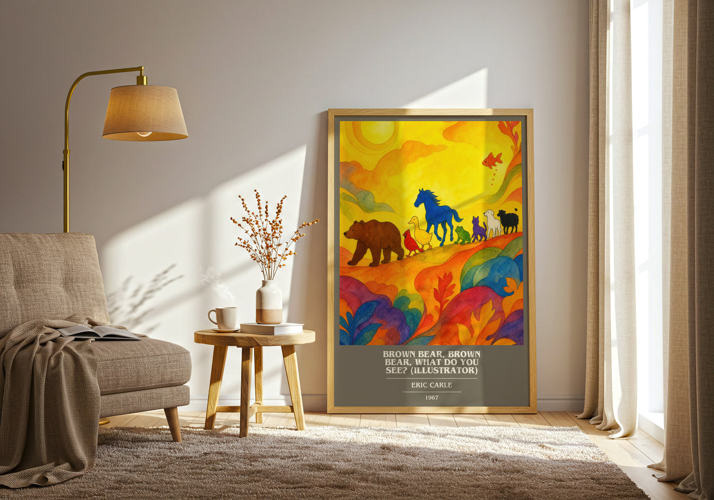 Brown Bear, Brown Bear, What Do You See? (Illustrator) book cover print on bookshelf – Eric Carle fan gift