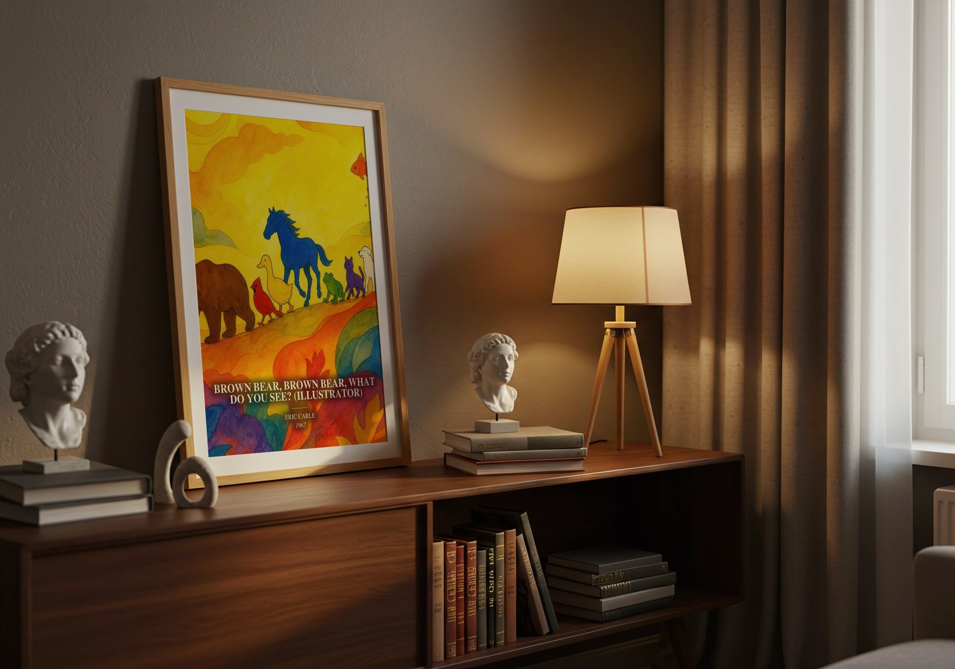 Brown Bear, Brown Bear, What Do You See? (Illustrator) watercolour print on bookshelf – Eric Carle fan gift