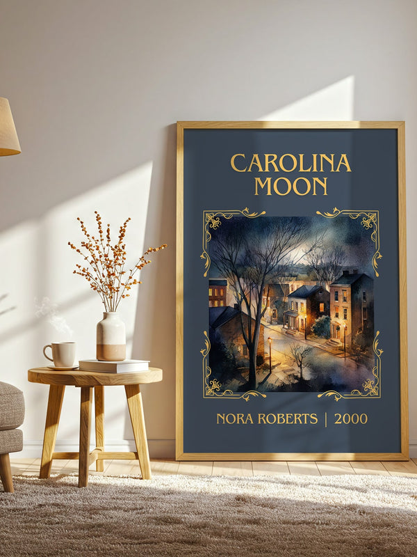 Carolina Moon classic book art print in frame leaning in hallway – romance wall art