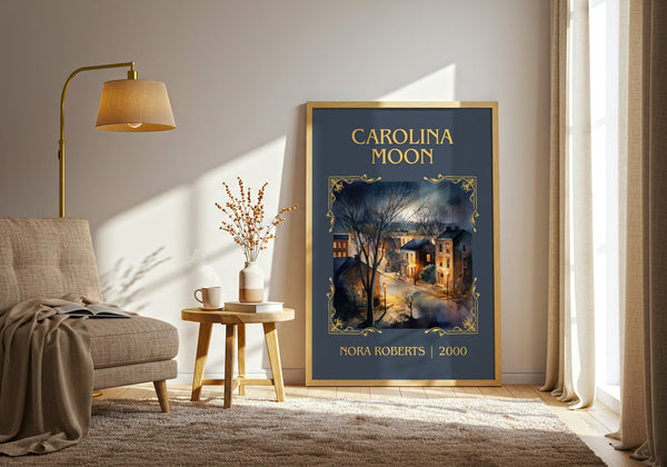 Carolina Moon classic book art print in frame leaning in hallway – romance wall art