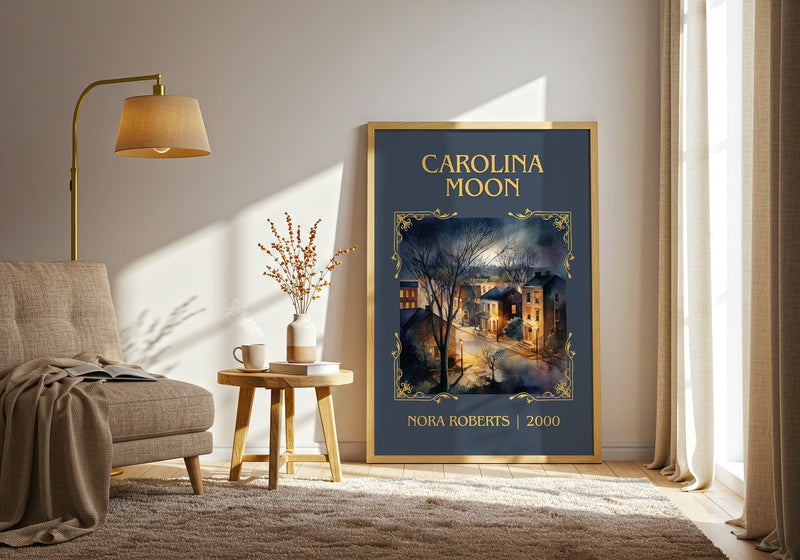 Carolina Moon classic book art print in frame leaning in hallway – romance wall art