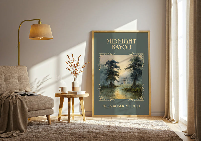 Midnight Bayou classic book art print in frame leaning in hallway – romance wall art