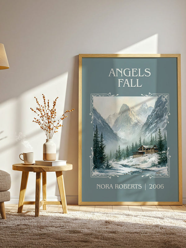Angels Fall classic book art print in frame leaning in hallway – romance wall art