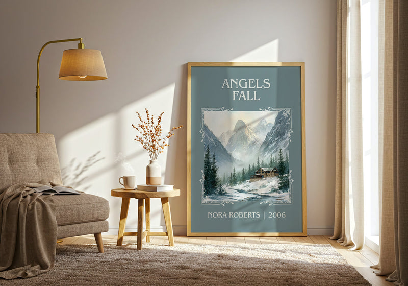 Angels Fall classic book art print in frame leaning in hallway – romance wall art