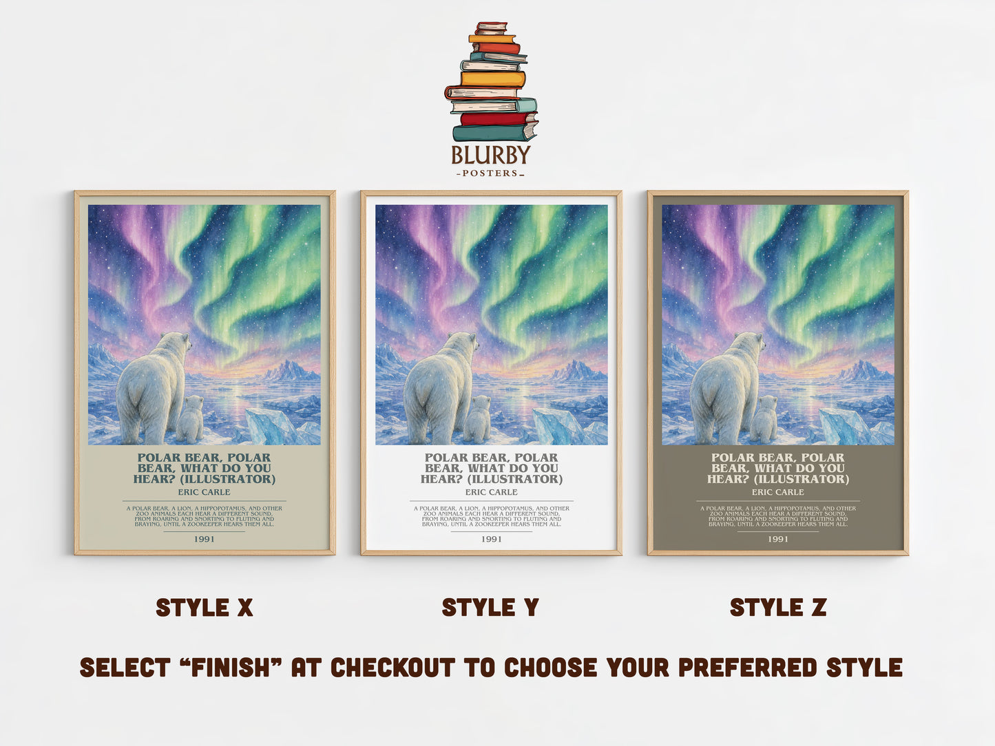 Polar Bear, Polar Bear, What Do You Hear? (Illustrator) bookish print in frame leaning in hallway – childrens wall art