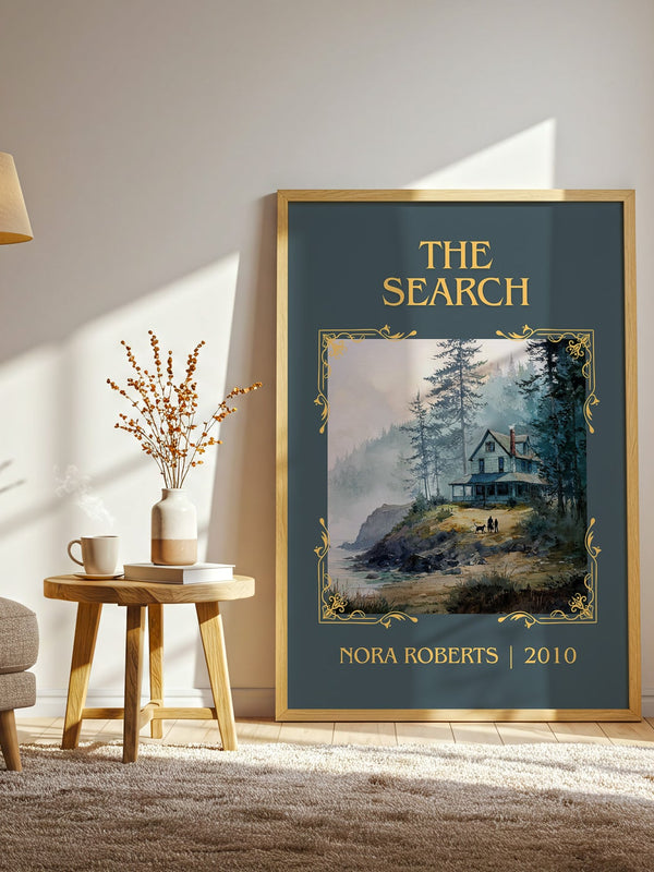 The Search classic book art print in frame leaning in hallway – romance wall art