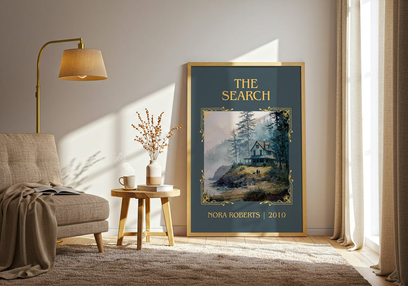 The Search classic book art print in frame leaning in hallway – romance wall art