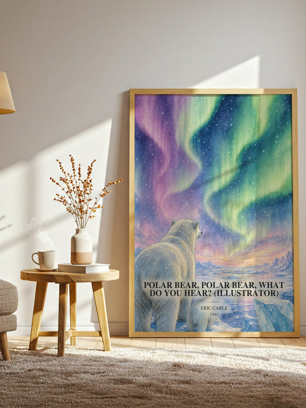 Polar Bear, Polar Bear, What Do You Hear? (Illustrator) watercolour print in frame leaning in hallway – childrens wall art