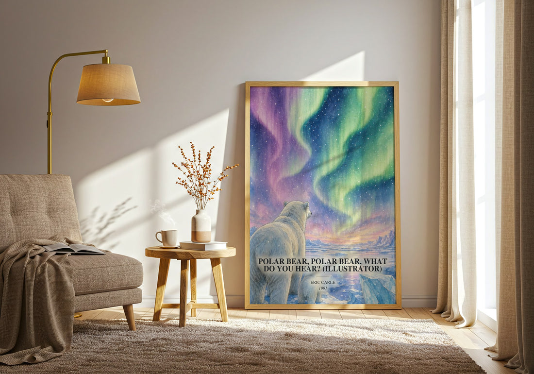 Polar Bear, Polar Bear, What Do You Hear? (Illustrator) watercolour print in frame leaning in hallway – childrens wall art (mockup)