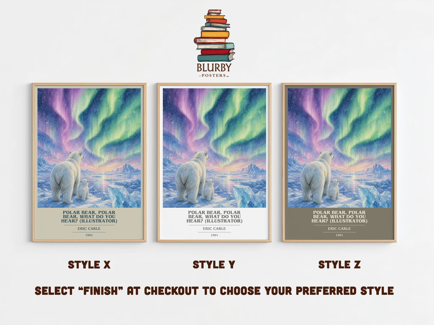 Polar Bear, Polar Bear, What Do You Hear? (Illustrator) book cover print in frame leaning in hallway – childrens wall art