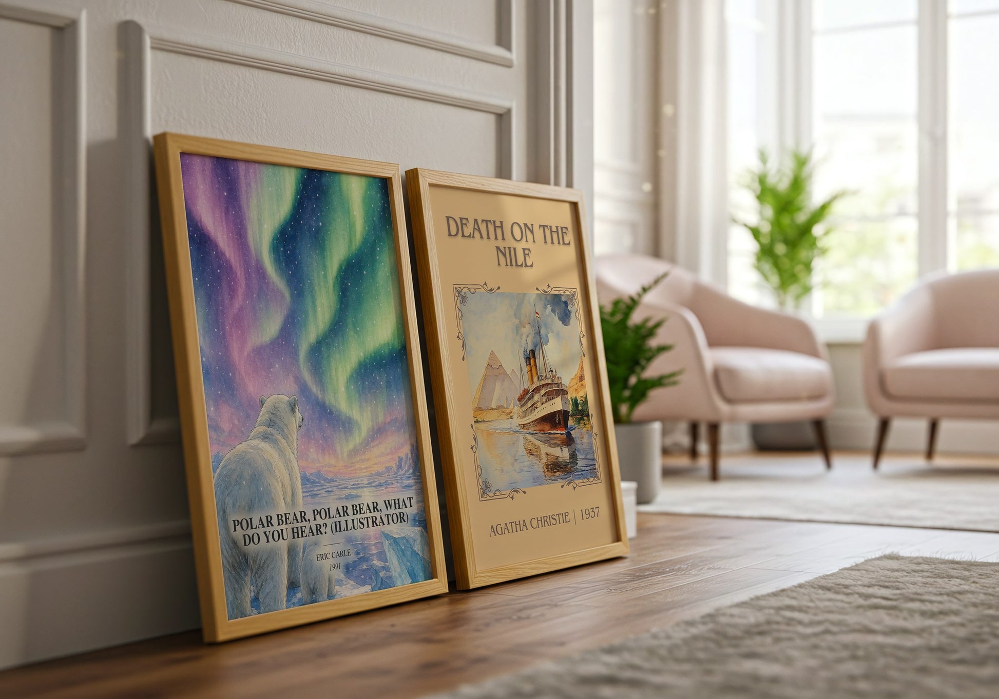 Polar Bear, Polar Bear, What Do You Hear? (Illustrator) watercolour print framed by window – literary home decor