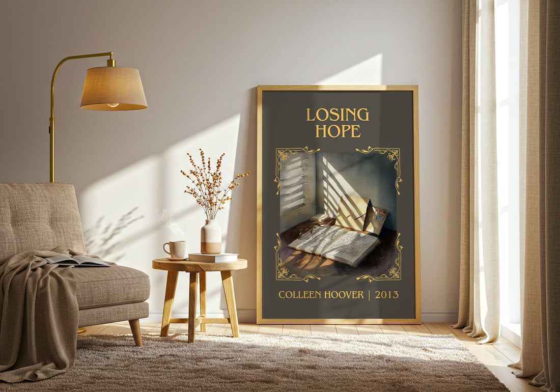 Losing Hope classic book art print in frame leaning in hallway – romance wall art (mockup)