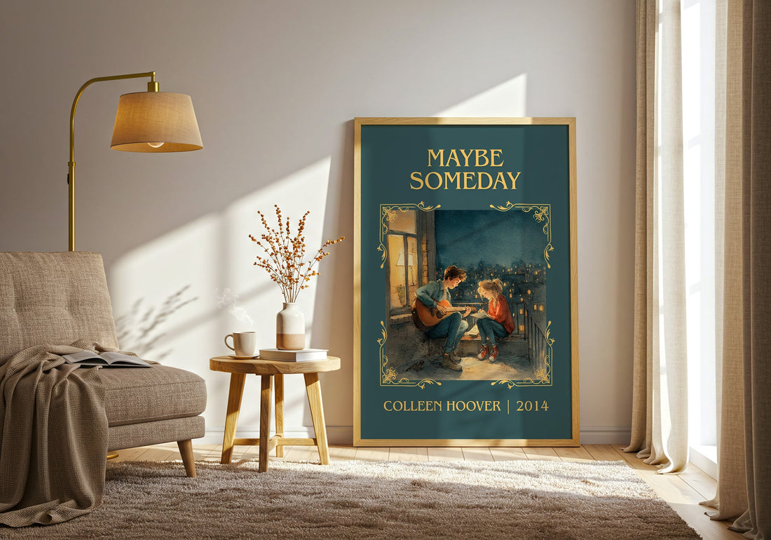Maybe Someday classic book art print in frame leaning in hallway – romance wall art (mockup)