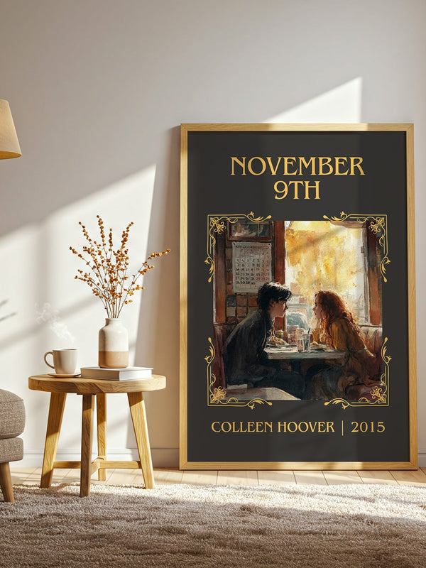 November 9 classic book art print in frame leaning in hallway – romance wall art