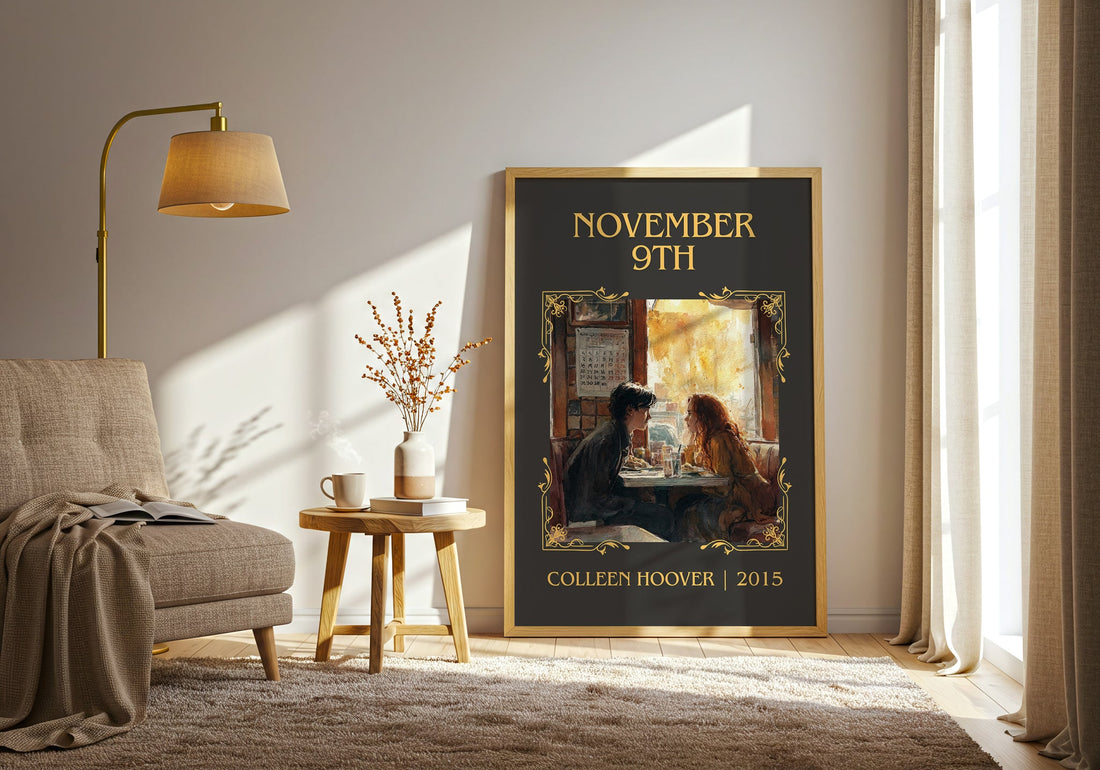 November 9 classic book art print in frame leaning in hallway – romance wall art (mockup)
