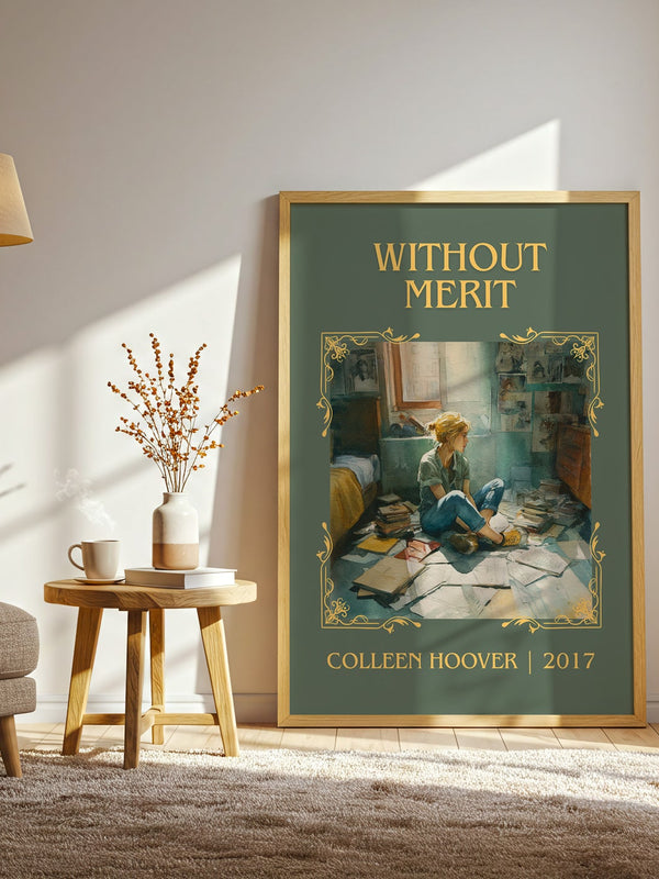 Without Merit classic book art print in frame leaning in hallway – contemporary fiction wall art