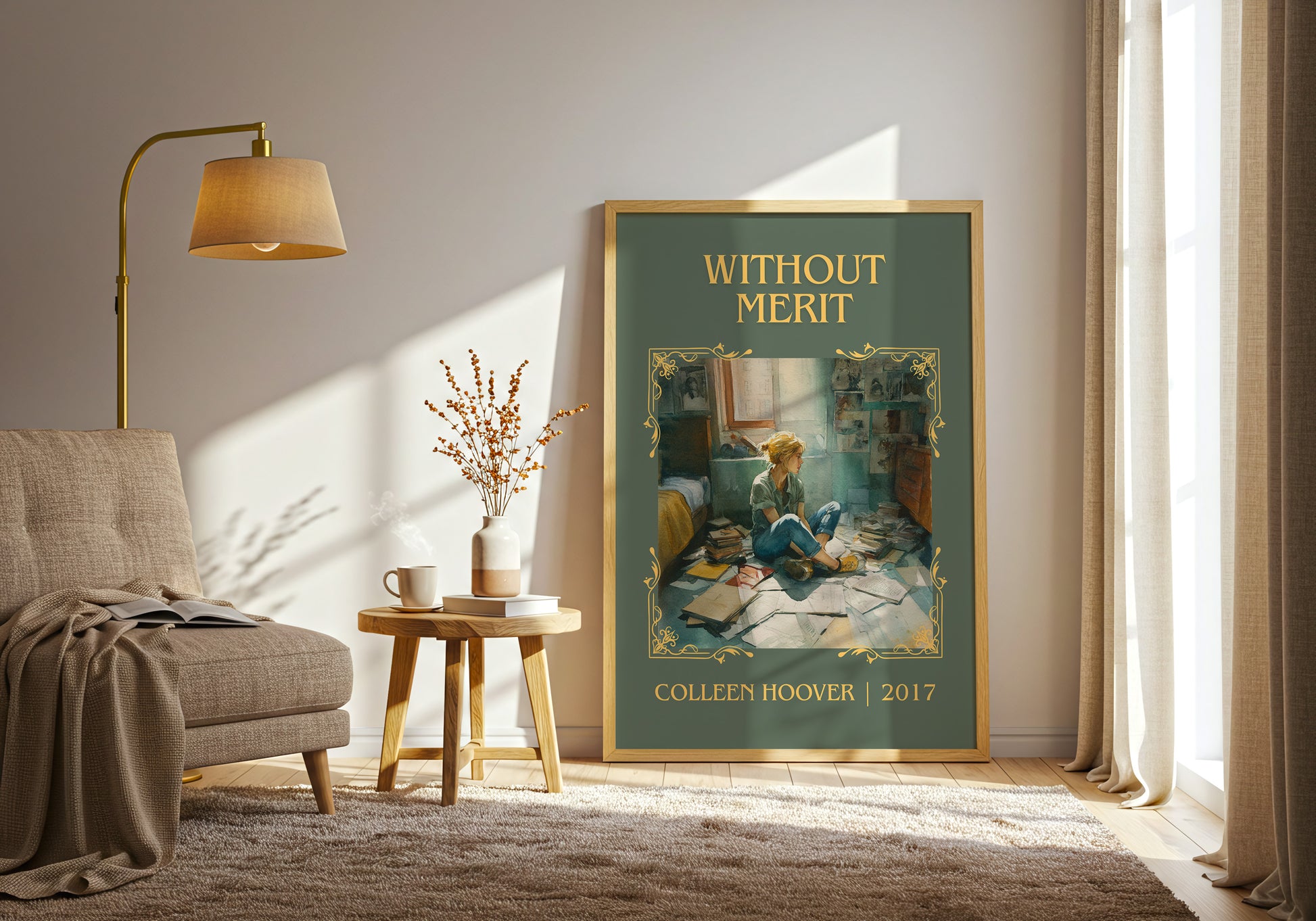 Without Merit classic book art print in frame leaning in hallway – contemporary fiction wall art
