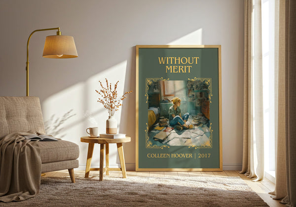 Without Merit classic book art print in frame leaning in hallway – contemporary fiction wall art
