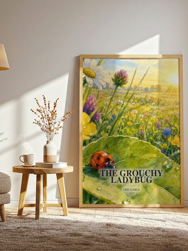 The Grouchy Ladybug watercolour print in frame leaning in hallway – childrens wall art