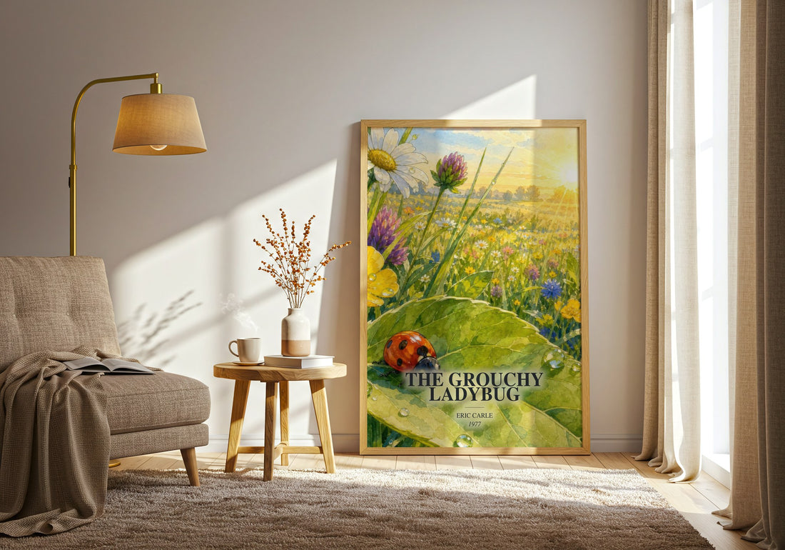 The Grouchy Ladybug watercolour print in frame leaning in hallway – childrens wall art (mockup)