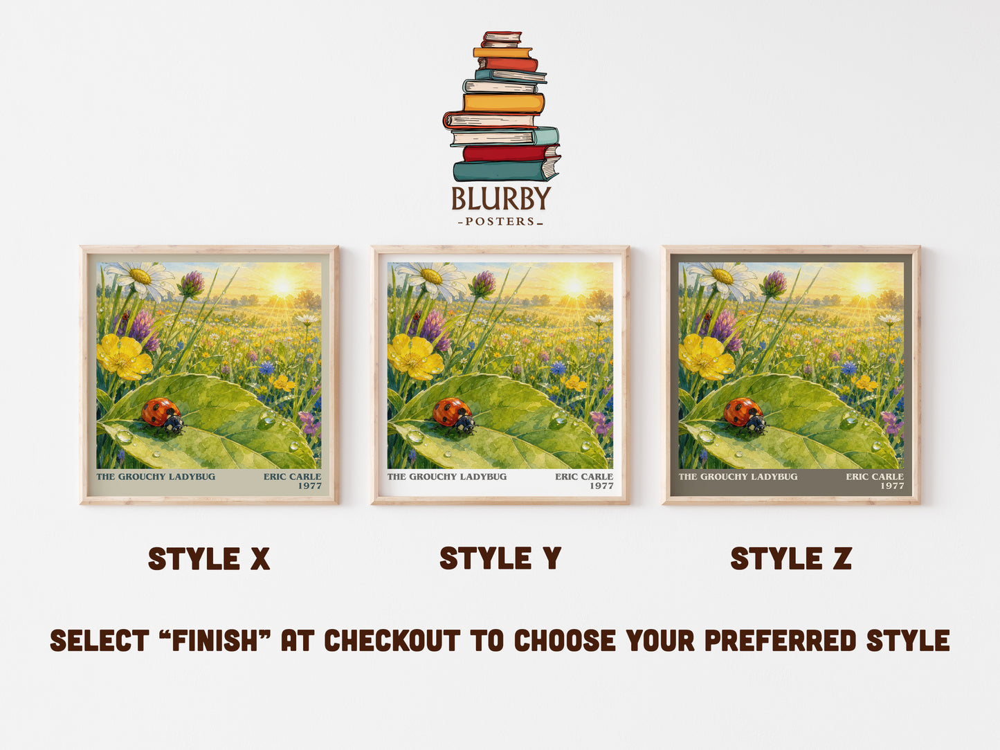 The Grouchy Ladybug literary print in frame leaning in hallway – childrens wall art