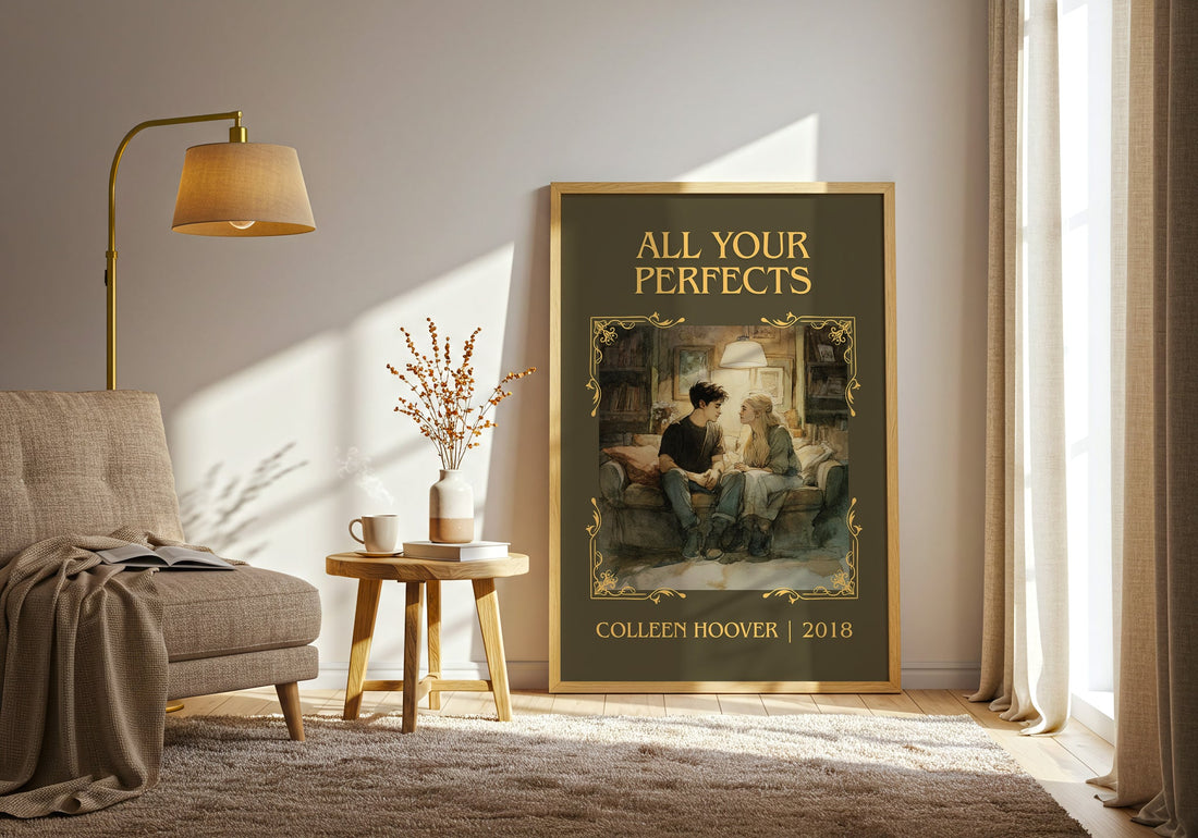 All Your Perfects classic book art print in frame leaning in hallway – romance wall art (mockup)