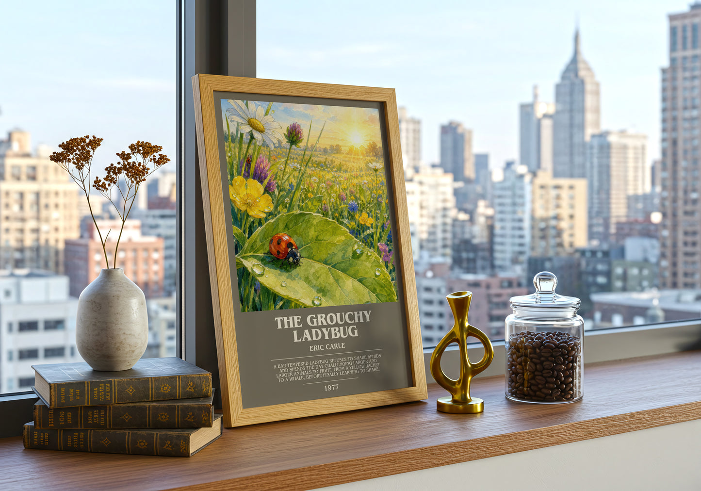 The Grouchy Ladybug bookish print framed by window – literary home decor