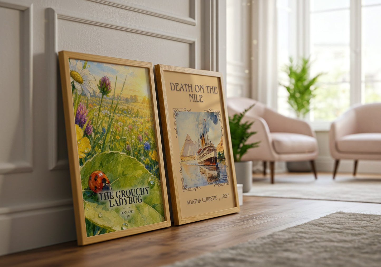 The Grouchy Ladybug watercolour print framed by window – literary home decor