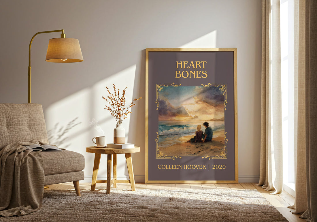 Heart Bones classic book art print in frame leaning in hallway – romance wall art (mockup)