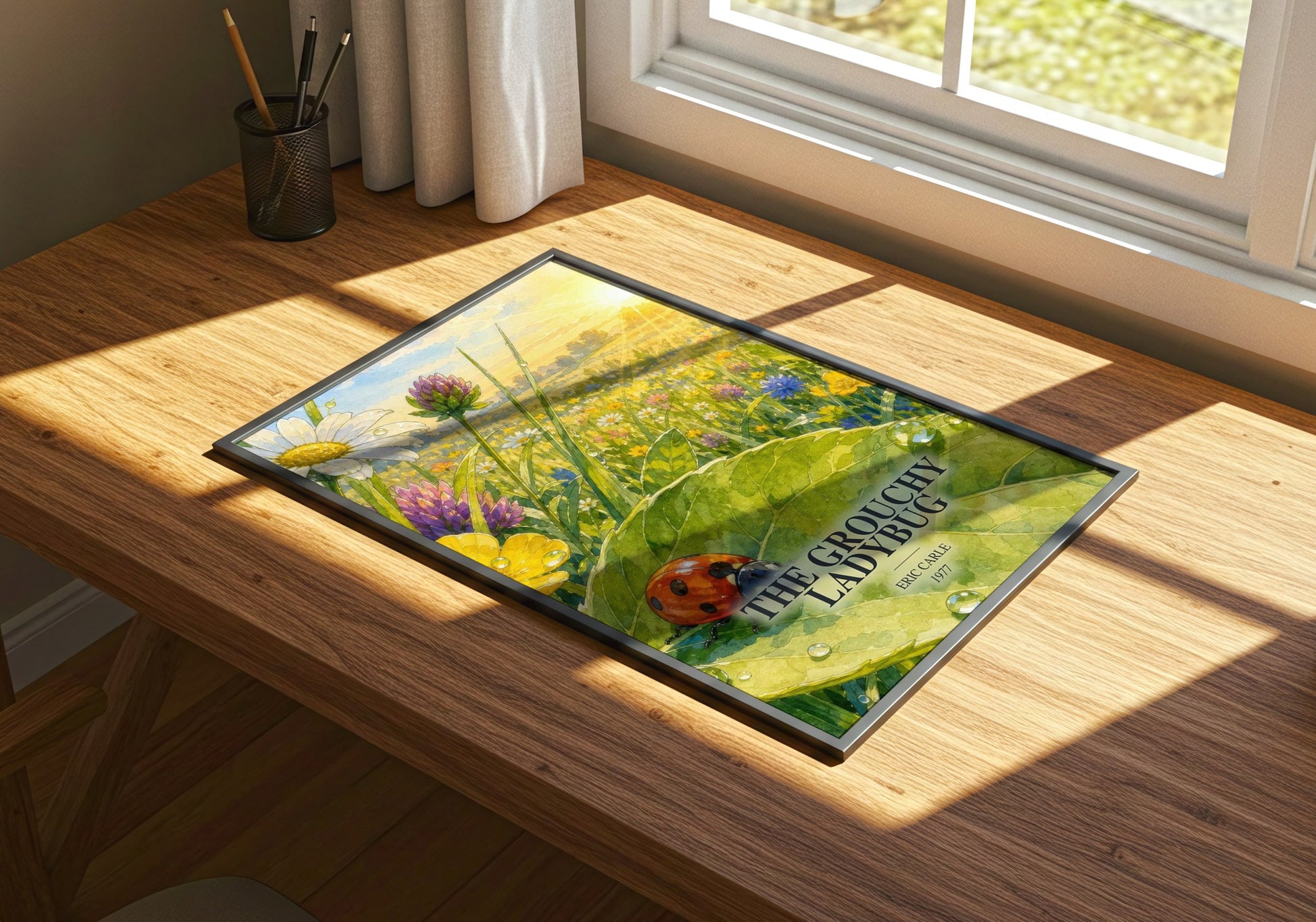The Grouchy Ladybug watercolour book poster framed on wall – childrens wall art