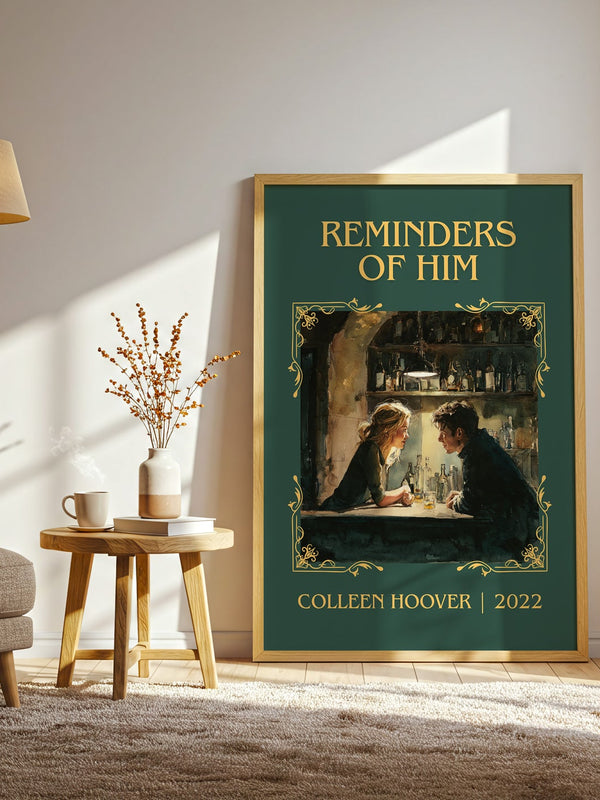 Reminders of Him classic book art print in frame leaning in hallway – romance wall art