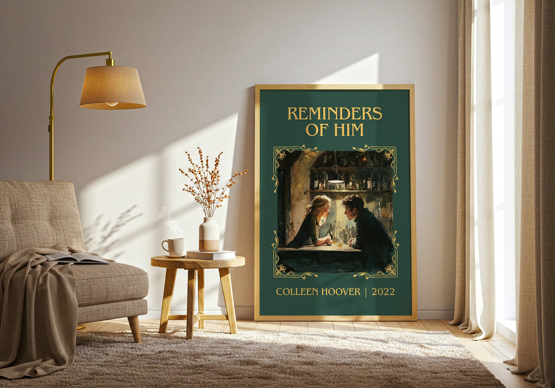 Reminders of Him classic book art print in frame leaning in hallway – romance wall art (mockup)