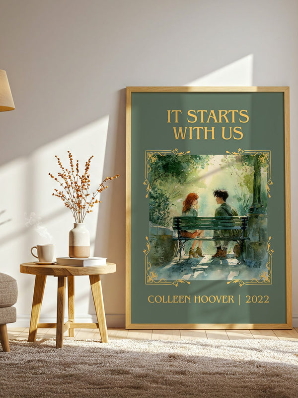 It Starts With Us classic book art print in frame leaning in hallway – romance wall art