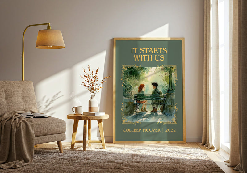 It Starts With Us classic book art print in frame leaning in hallway – romance wall art