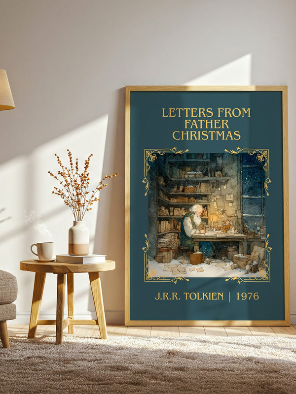 Letters from Father Christmas classic book art print in frame leaning in hallway – childrens wall art