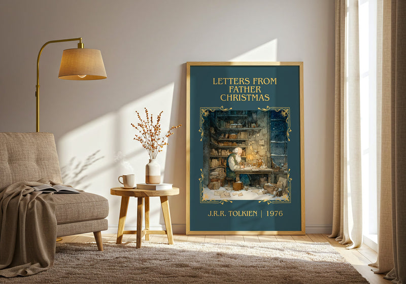 Letters from Father Christmas classic book art print in frame leaning in hallway – childrens wall art