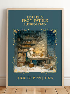 Letters from Father Christmas Classic Book Art Print by J. Tolkien – framed print leaning on a wooden floor