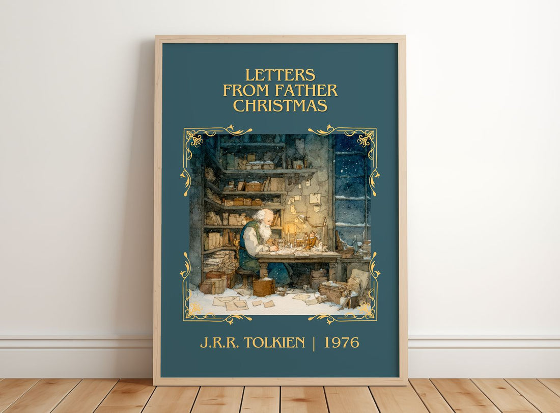Letters from Father Christmas Classic Book Art Print by J. Tolkien – framed print leaning on a wooden floor